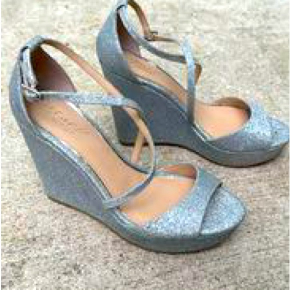 Jewel Badgley Mischka Sparkly Silver Wedge Heels- size 8